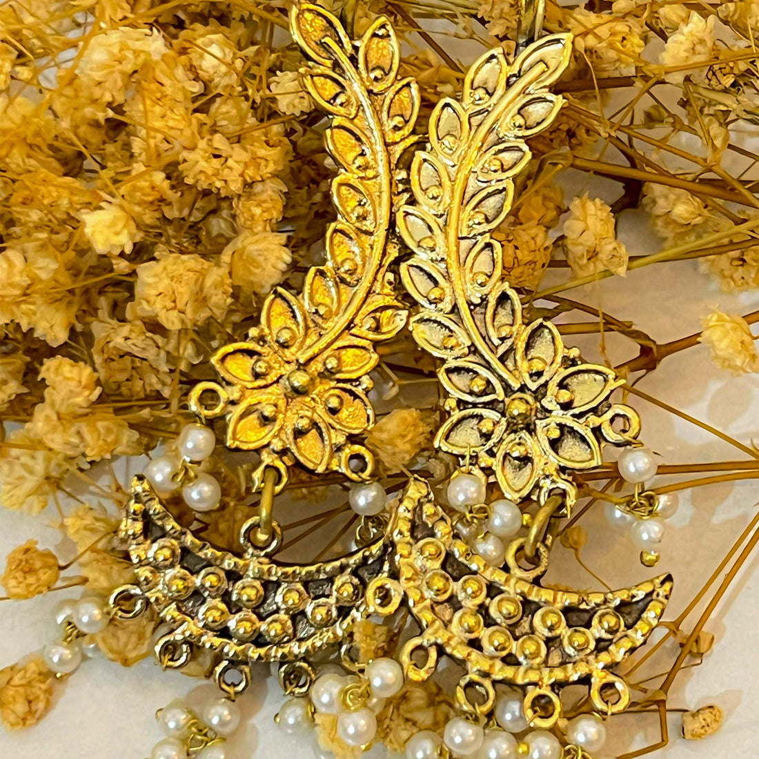 Afghani Golden Earcuffs Embellished with White Pearls