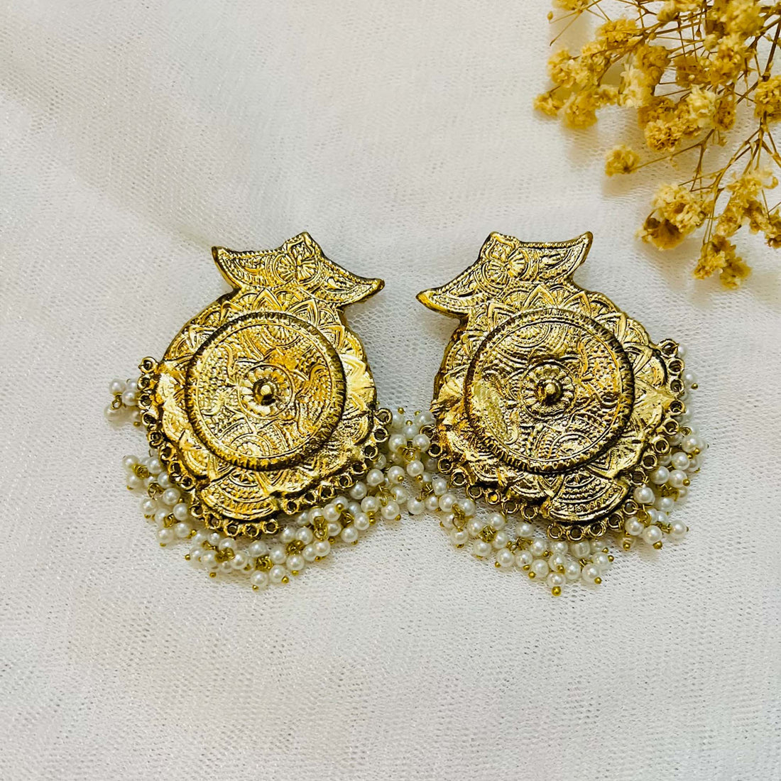 Golden Plated Earrings Embellished with White Pearls